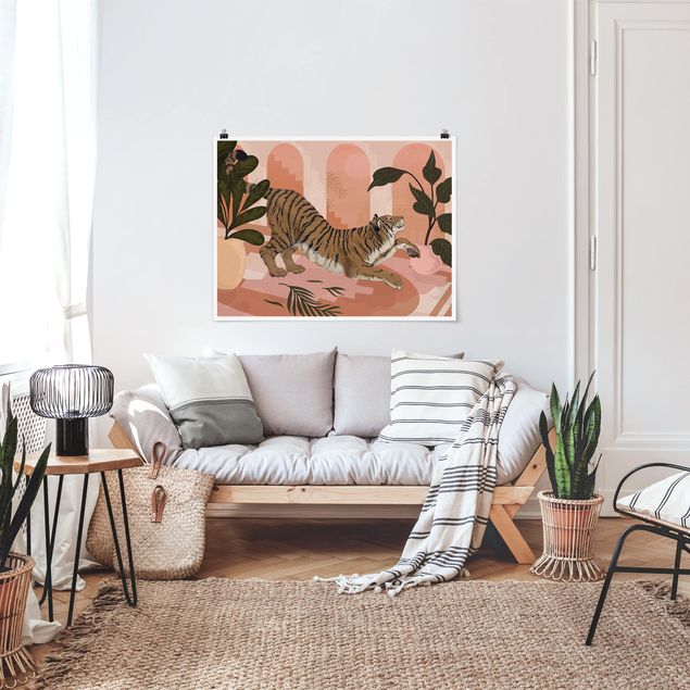 Poster - Illustration Tiger In Pastel Pink Painting