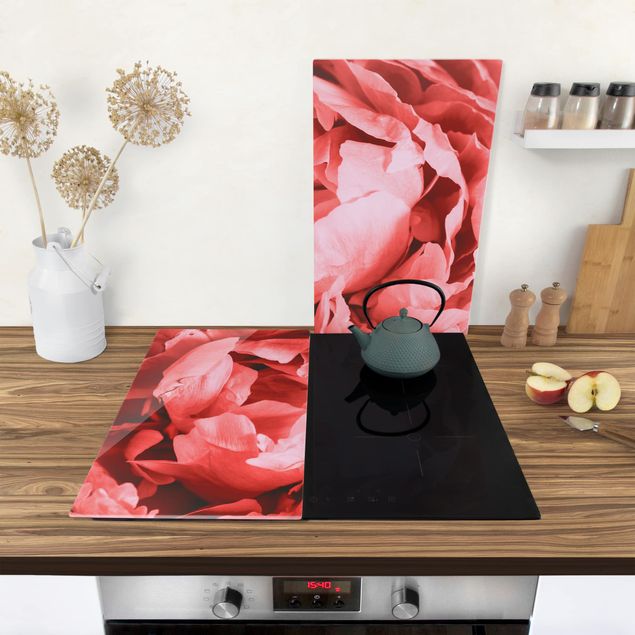Glass stove top cover - Peony Blossom Coral