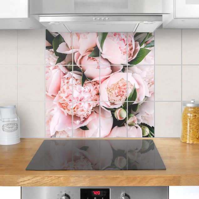 Tile sticker with image - Pink Peonies With Leaves