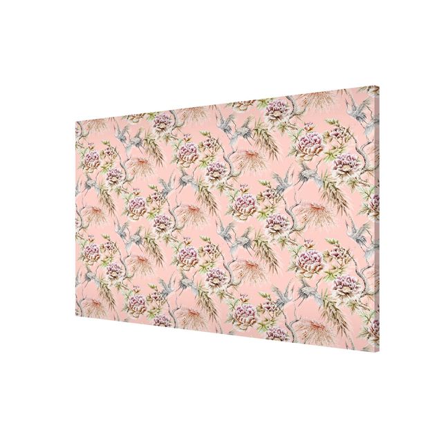 Magnetic memo board - Watercolour Birds With Large Flowers In Front Of Pink