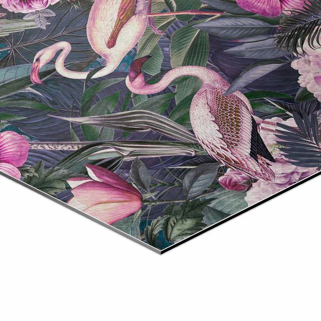 Alu-Dibond hexagon - Colourful Collage - Pink Flamingos In The Jungle