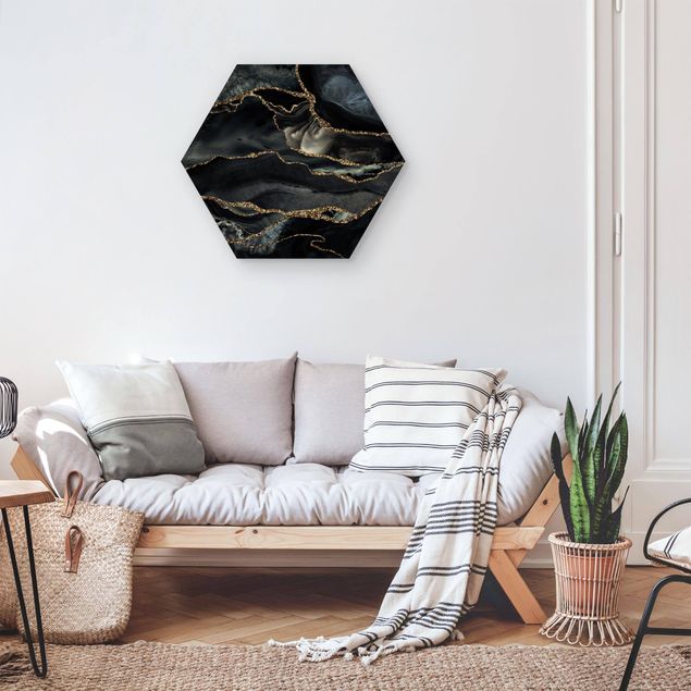 Hexagon Picture Wood - Black With Glitter Gold