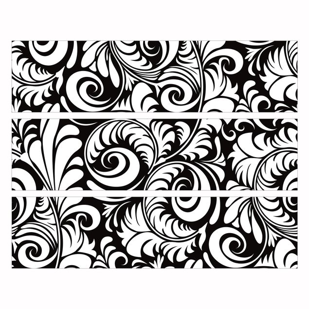 Adhesive film for furniture IKEA - Malm chest of 3x drawers - Black And White Leaves Pattern