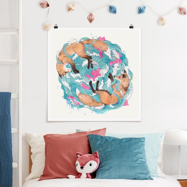Poster - Illustration Foxes And Waves Painting