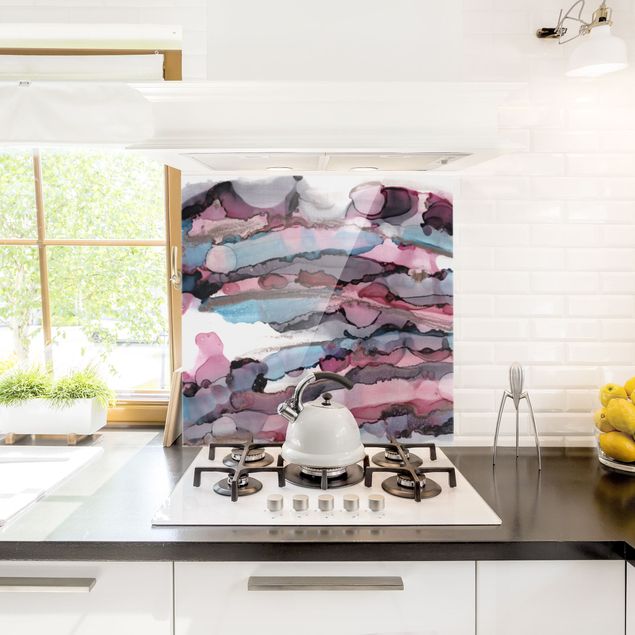Glass splashback abstract Surfing Waves In Purple With Pink Gold
