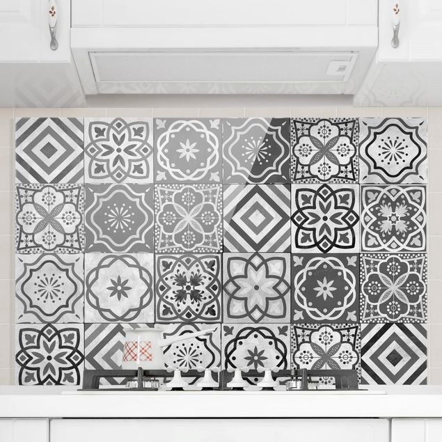 Glass splashback kitchen tiles Mediterranean Tile Pattern Grayscale