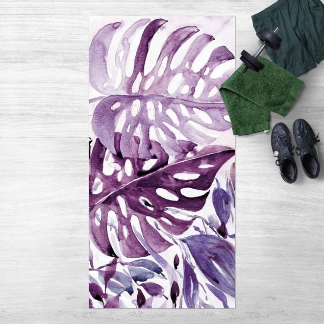 Balcony rugs Watercolour Tropical Leaves With Monstera In Aubergine