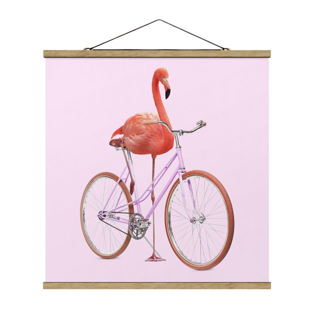 Fabric print with poster hangers - Flamingo With Bicycle