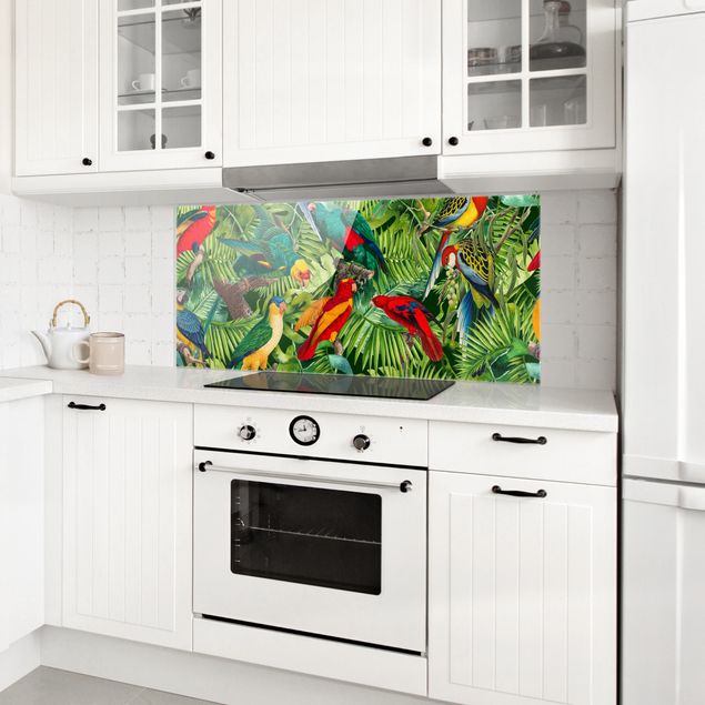 Glass splashback flower Colourful Collage - Parrots In The Jungle