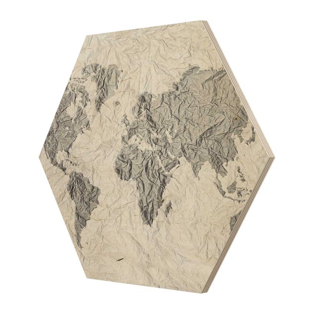 Wooden hexagon - Paper World Map White Grey