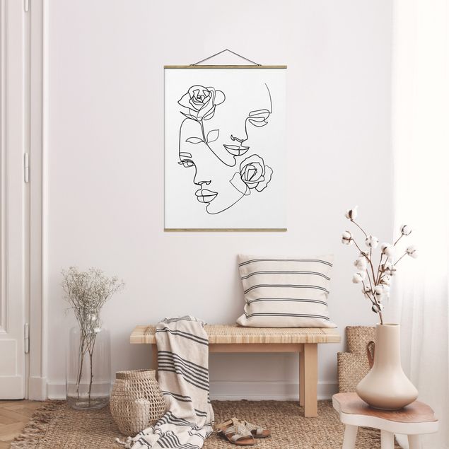 Fabric print with poster hangers - Line Art Faces Women Roses Black And White