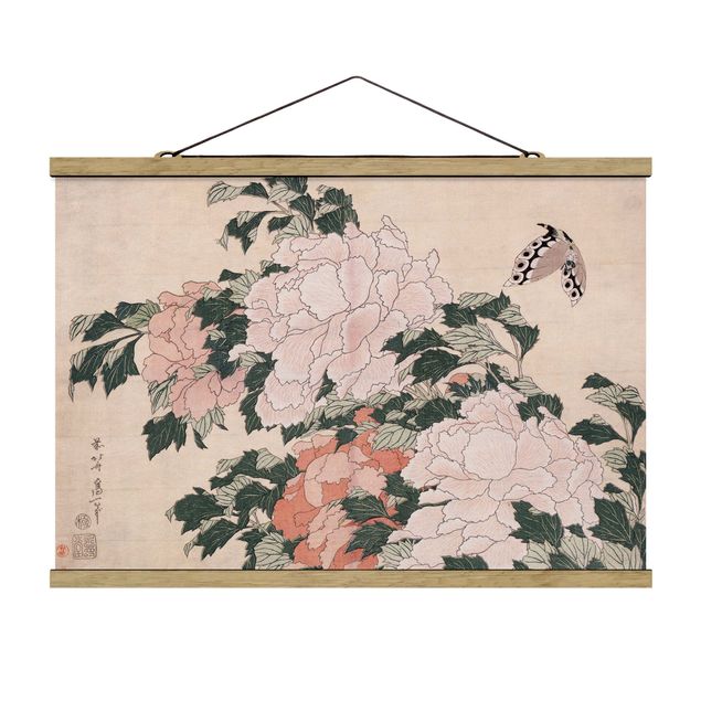 Fabric print with poster hangers - Katsushika Hokusai - Pink Peonies With Butterfly