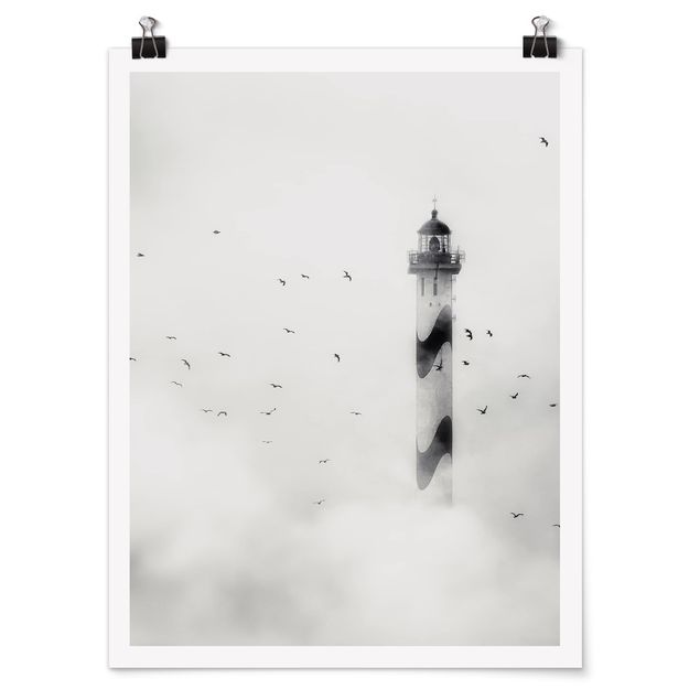 Poster beach - Lighthouse In The Fog