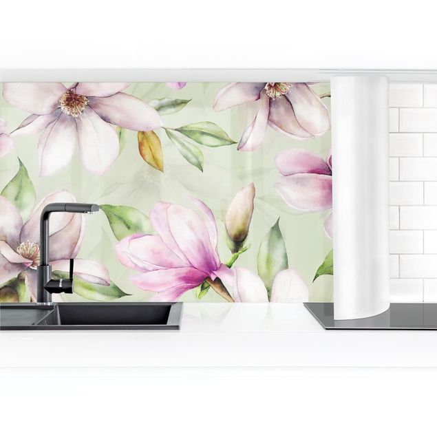 Kitchen wall cladding - Magnolia Illustration On Mint Green