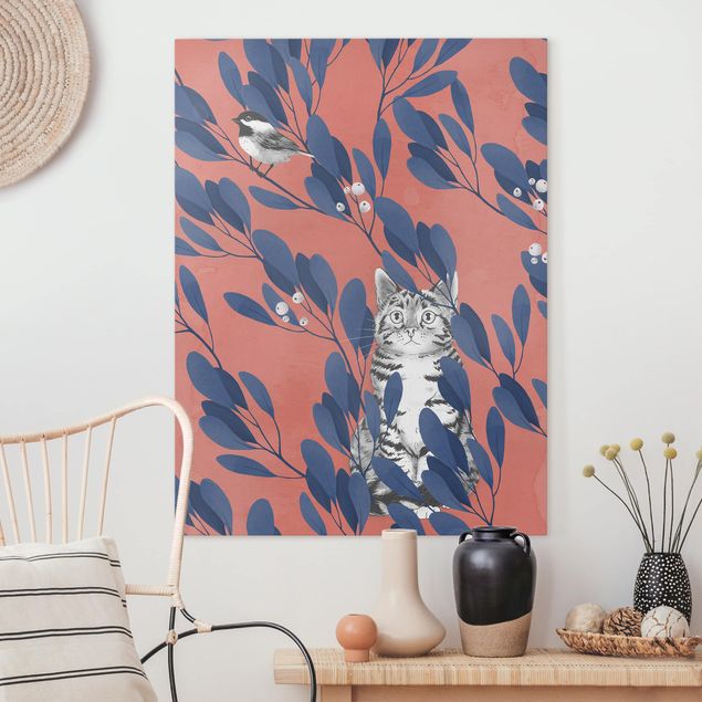 Canvas print - Illustration Cat And Bird On Branch Blue Red