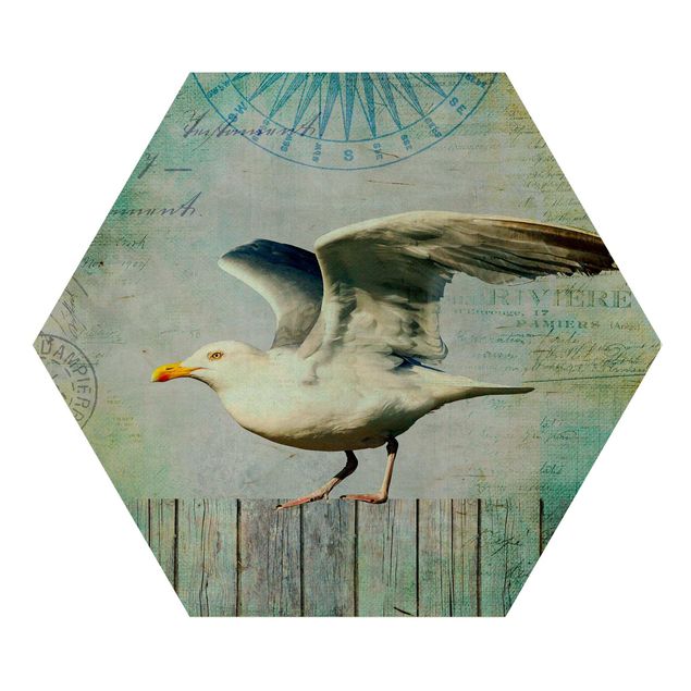 Hexagon Picture Wood - Vintage Collage - Seagull On Wooden Planks