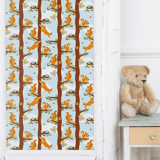 Adhesive film - Cute Kids Pattern With Squirrels And Baby Birds