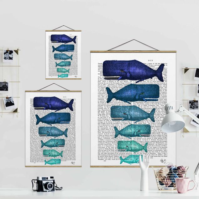 Fabric print with poster hangers - Animal Reading - Whale Family