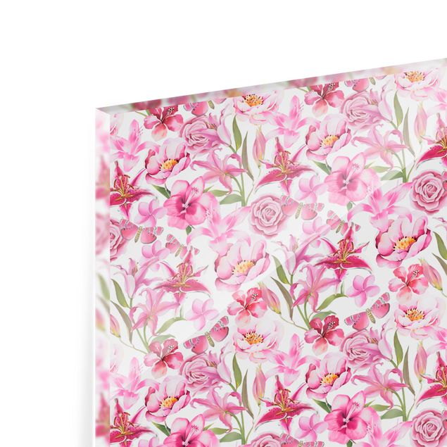 Splashback - Pink Flowers With Butterflies - Panorama 5:2