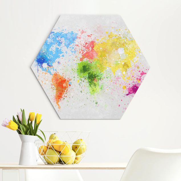 Alu-Dibond hexagon - Colourful Splodges World Map