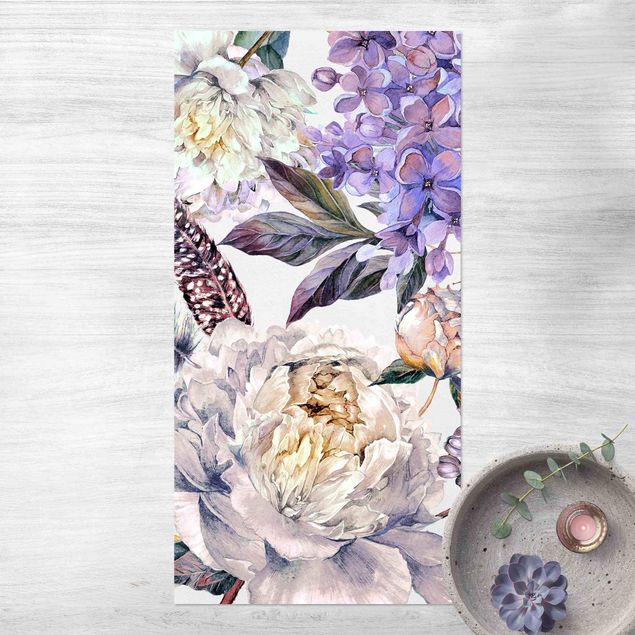 balcony mat Delicate Watercolour Boho Flowers And Feathers Pattern