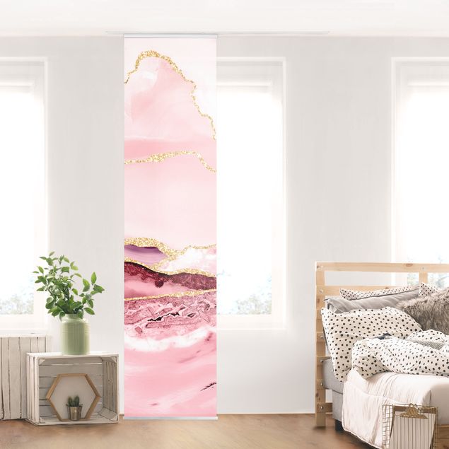 Sliding panel curtain - Abstract Mountains Pink With Golden Lines