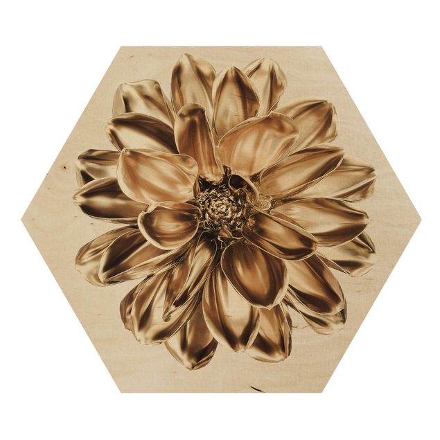 Wooden hexagon - Dahlia Flower Gold Metallic