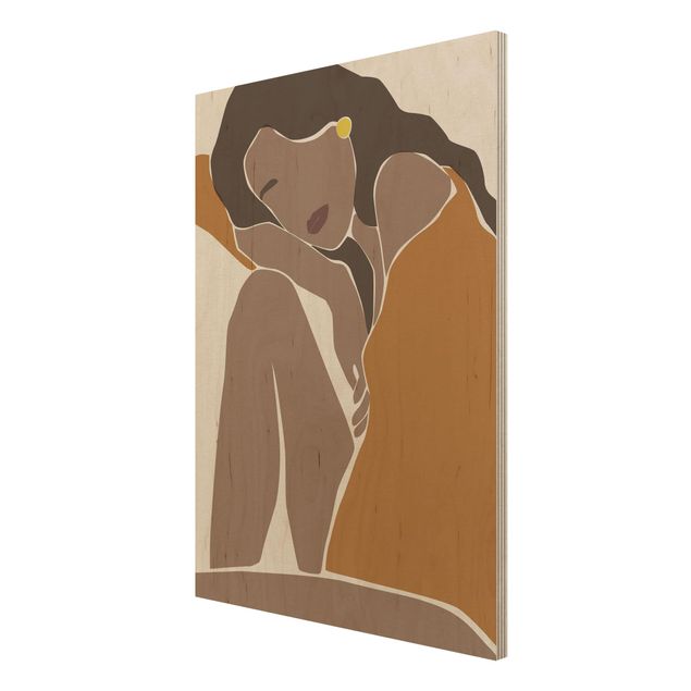 Print on wood - Line Art Woman Brown Beige