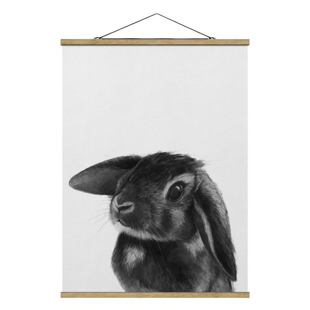 Fabric print with poster hangers - Illustration Rabbit Black And White Drawing
