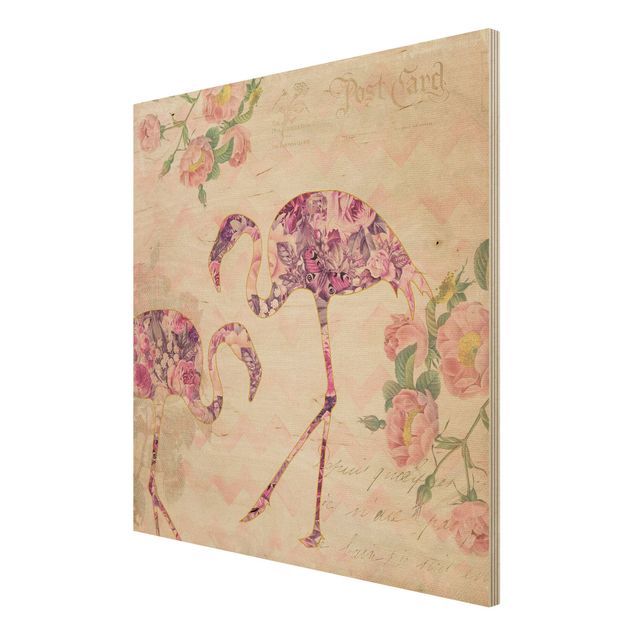 Print on wood - Vintage Collage - Pink Flowers Flamingos