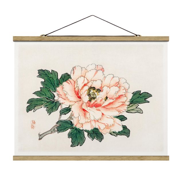 Fabric print with poster hangers - Asian Vintage Drawing Pink Chrysanthemum