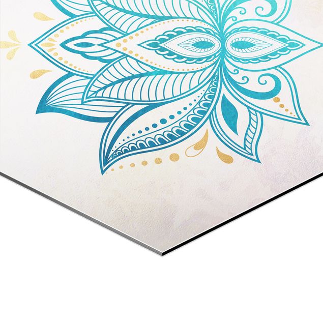 Alu-Dibond hexagon - Mandala Hamsa Hand Lotus Set Gold Blue