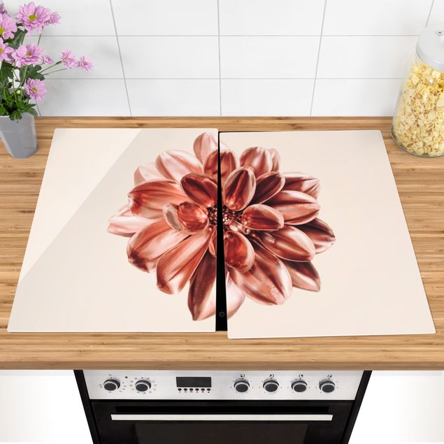 Glass stove top cover - Dahlia Pink Gold Metallic Pink