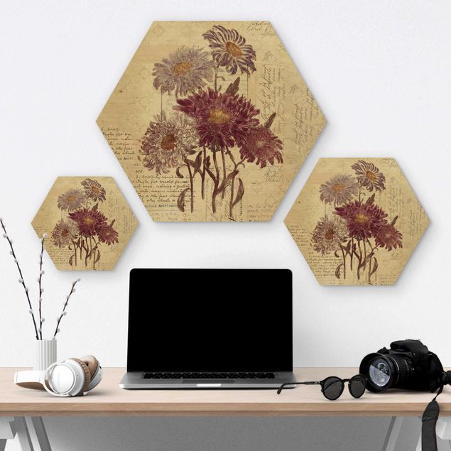 Wooden hexagon - Vintage Flowers With Handwriting