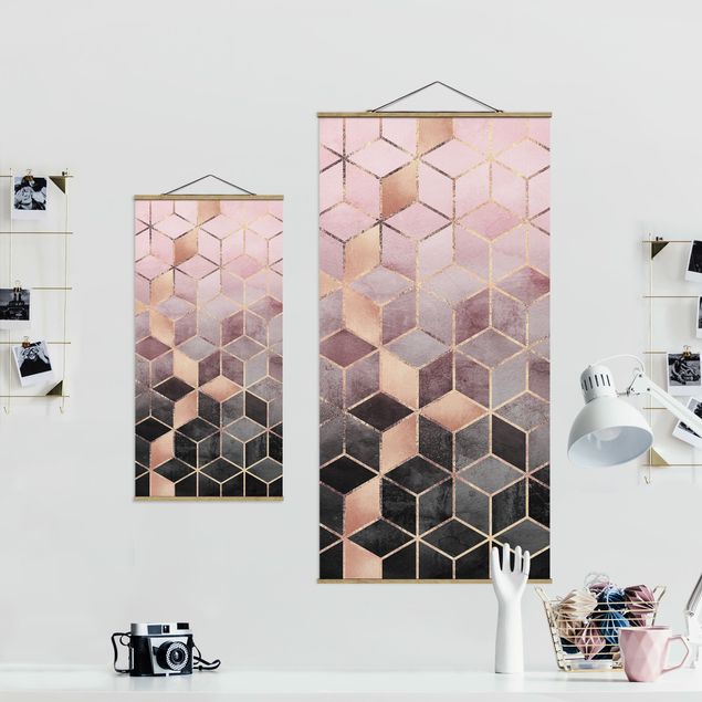 Fabric print with poster hangers - Pink Grey Golden Geometry