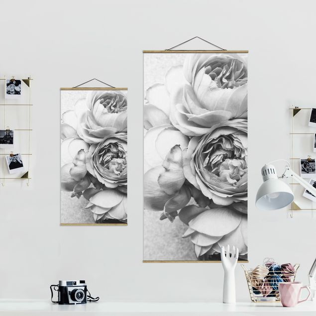Fabric print with poster hangers - Peony Flowers Black White