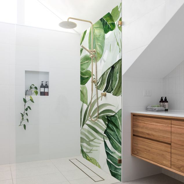 Shower wall cladding - Watercolour Tropical Leaves And Tendrils
