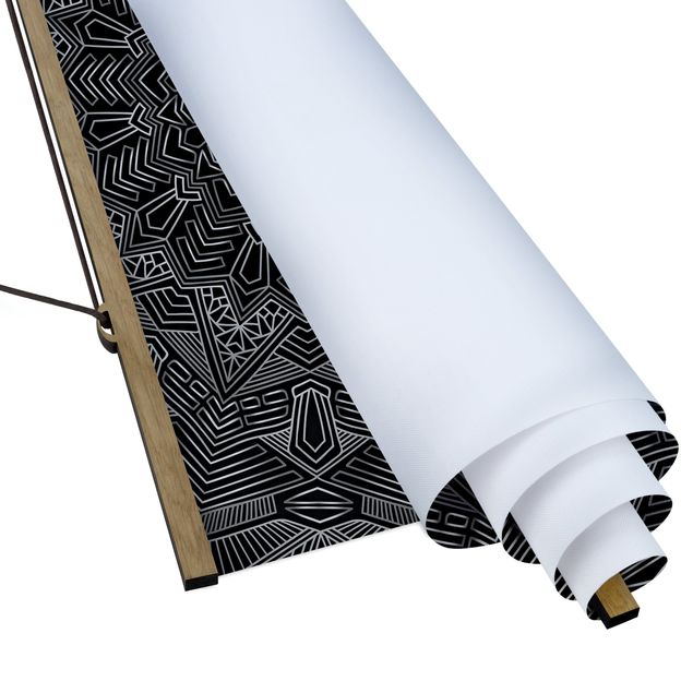 Fabric print with poster hangers - Mandala Star Pattern Silver Black