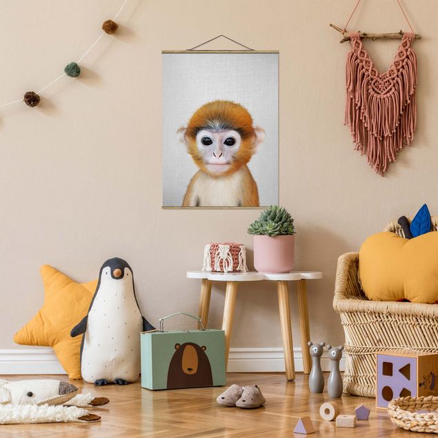 Fabric print with poster hangers - Baby Monkey Anton - Portrait format 3:4