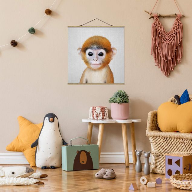 Fabric print with poster hangers - Baby Monkey Anton - Square 1:1