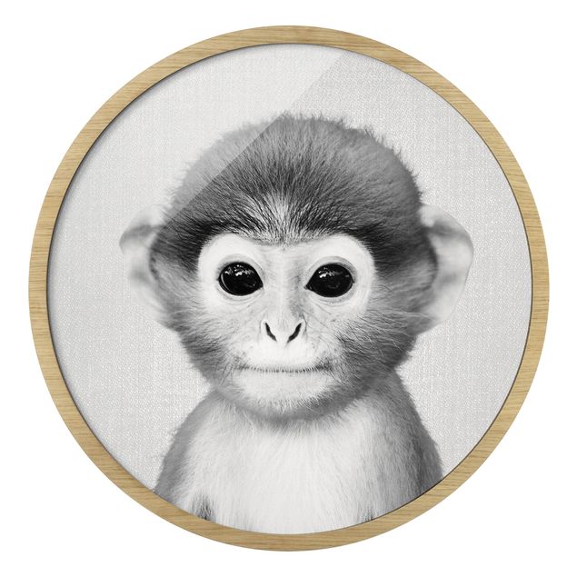 Circular framed print - Baby Monkey Anton Black And White