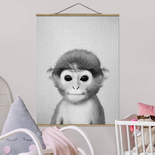 Fabric print with poster hangers - Baby Monkey Anton Black And White - Portrait format 3:4