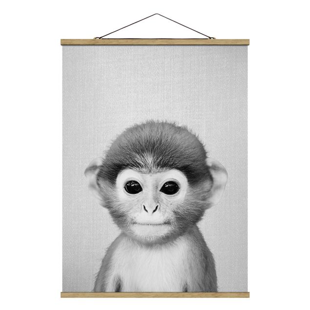 Fabric print with poster hangers - Baby Monkey Anton Black And White - Portrait format 3:4