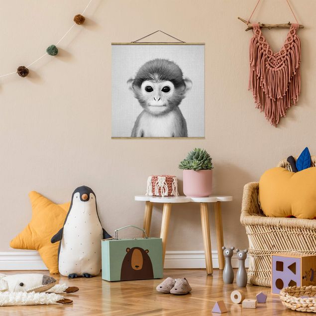 Fabric print with poster hangers - Baby Monkey Anton Black And White - Square 1:1