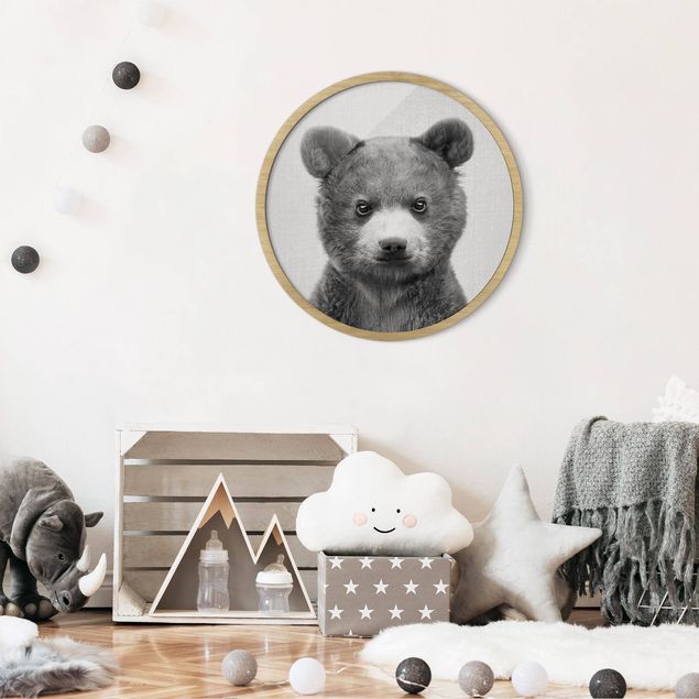 Circular framed print - Baby Bear Bruno Black And White
