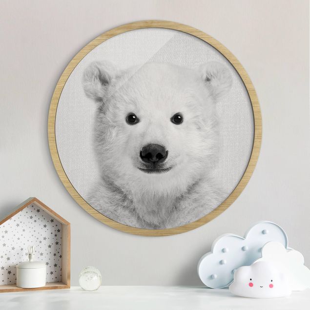 Framed prints round Baby Polar Bear Emil Black And White
