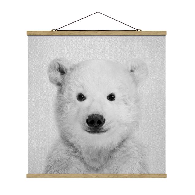 Fabric print with poster hangers - Baby Polar Bear Emil Black And White - Square 1:1