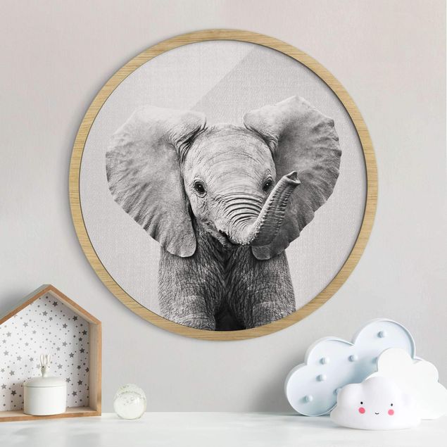 Framed prints round Baby Elephant Elsa Black And White