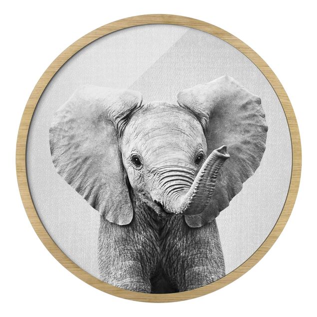 Circular framed print - Baby Elephant Elsa Black And White