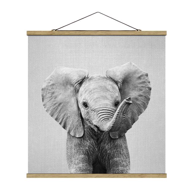Fabric print with poster hangers - Baby Elephant Elsa Black And White - Square 1:1
